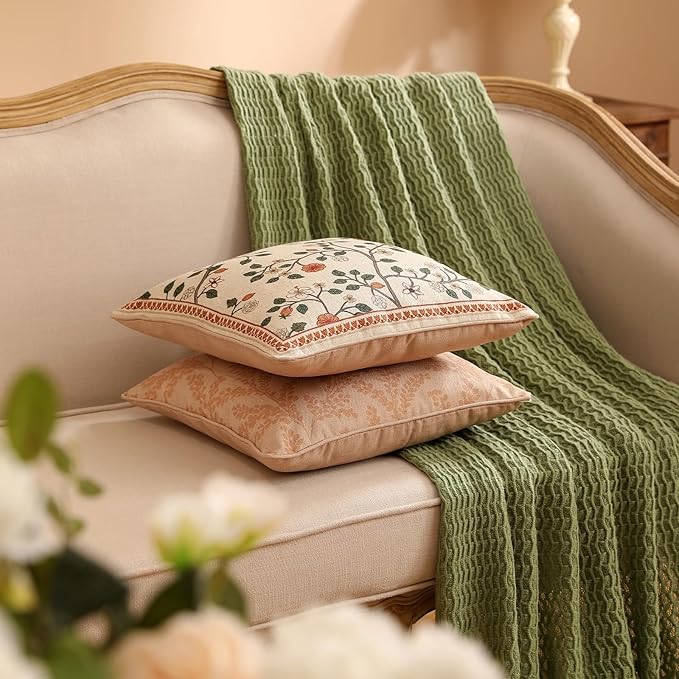 ISAENNE Design Linen Classic Throw Pillow Covers 18"x18", French Farmhouse Square Cushion Covers with Beige Branch Floral Pattern Decoration Pillowcases for Bed,Living Room,Outdoor,Car