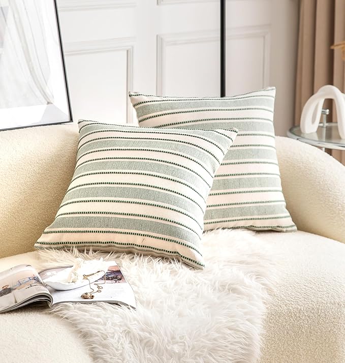 Decorative Boho Throw Pillow Covers, Farmhouse Textured Pillow Case, 18 x 18 Inch Set of 2, Chair Sofa Bedroom Living Room Home Decor Couch Cushion Case, Green and Beige Striped