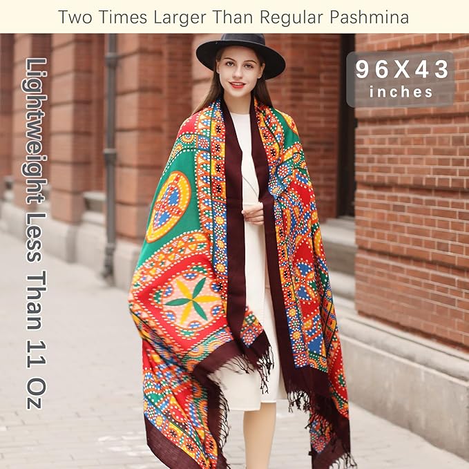 DANA XU 100% Merino Wool Pashmina Shawl for Women 96"x43", Oversized Cashmere Wrap with Tassels, Floral Travel Blanket Cape