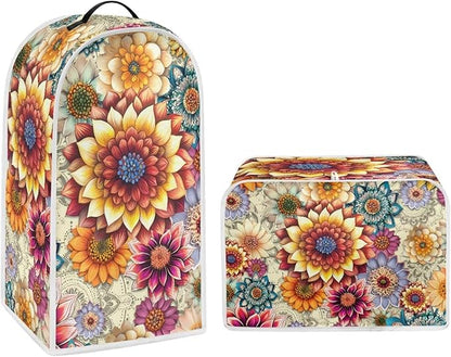 Bright Floral Blender Cover Toaster Cover Boho Mandala Floral 4 Slice Coffee Maker Appliance Covers Washable Cover Anti Fingerprint Protection