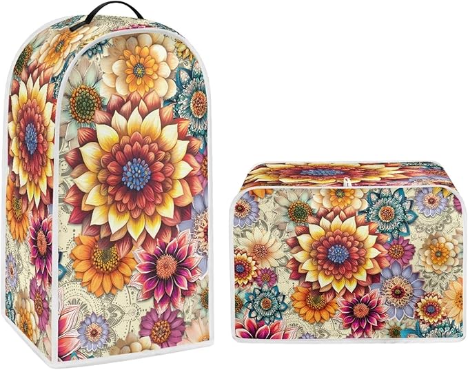 Bright Floral Blender Cover Toaster Cover Boho Mandala Floral 2 Slice Coffee Maker Appliance Covers Washable Cover Anti Fingerprint Protection
