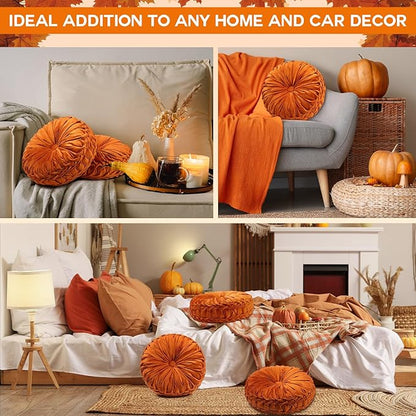 2 Pcs Round Throw Pillows 15 Inch Decorative Velvet Pleated Pumpkin Floor Boho Pillows for Living Room Couch Chair Bed Sofa (Orange)