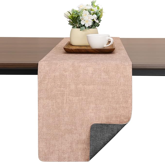 Table Runners 94 Inches Long, Dual-Sided Faux Leather Farmhouse Table Runner Waterproof Heatproof Non-Slip for Living Room Party Home Decor Holiday Decorations(Gray Pink, 15 x94 Inch)