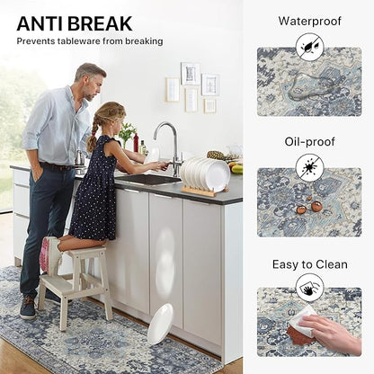 GENIMO Kitchen Mats for Floor 2PCs, Washable Anti Fatigue Mat for Cushioned, 17.3"x59"+17.3"x30", Waterproof Kitchen Rugs, Non Slip Comfort Standing Mat Rug for Home, Sink, Laundry, Center Blue