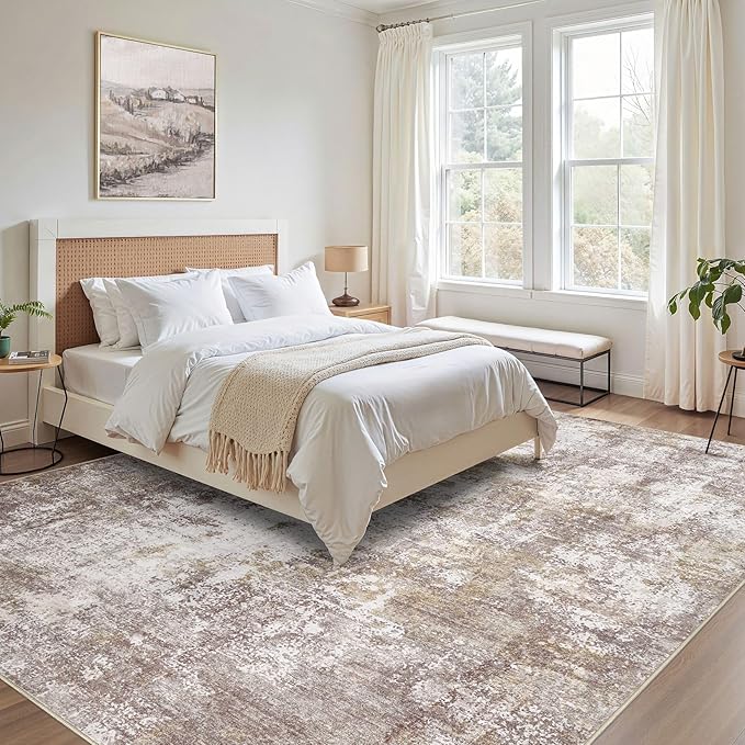 Washable 9X12 Area Rug: Modern Abstract Soft Non-Slip Indoor Rugs Home Decor - Low Pile Stain Resistant Foldable Rug for Living Room Bedroom Dining Room Playroom Office(Golden Brown,9'x12')