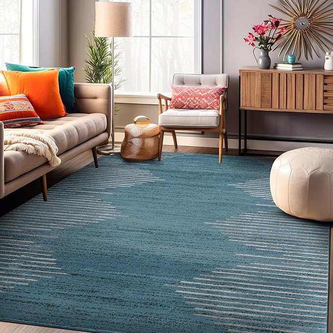 Rugshop Bohemian Stripe Stain Resistant High Traffic Living Room Kitchen Bedroom Dining Home Office Area Rug 7'10" x 10' Blue