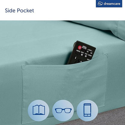 DREAMCARE Queen Size Sheets - Cooling Bed Sheets - 4pcs Set - up to 15" Deep Pocket Queen Sheet Set - Sheets Queen Size Bed - Soft & Long Lasting 100% Fine Microfiber with Side Pocket - Spa Blue