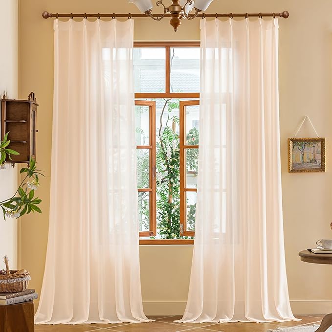 Soft Pink Pinch Pleat Sheer Curtains 120 Inch Length for Living Room Bedroom 10ft Curtains Light Filtering Farmhouse Floor to Ceiling Pleated Drapes with Hooks, Soft Pink, 42"W x 120"L, 2 Panels