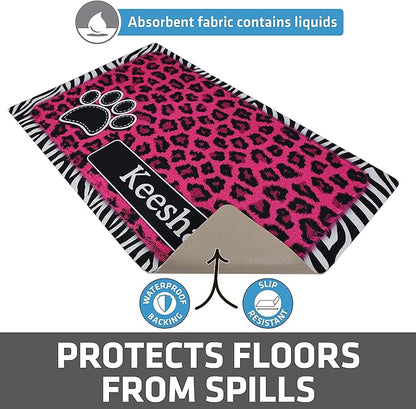 Drymate Personalized Pet Bowl Placemat, Custom Dog & Cat Food Feeding Mat - Absorbent Fabric, Waterproof Backing - Machine Washable/Durable (USA Made) (12" x 20") (Leopard Zebra Pink)