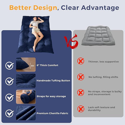 MAXYOYO Japanese Floor Mattress Queen Size, 6" Foldable Futon Mattress Tufted Roll Up Floor Bed, Thick Chenille Tatami Mat Sleeping Pad for Camping Guest Room Dormitory Bedroom RV, Navy