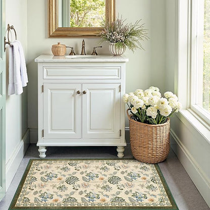 jinchan Elora 3x5 Floral Rug for Entryway Washable Rug Vintage Romance Design Christmas Small Mat Non Slip Indoor Doormat Lightweight Low-Profile Throw Carpet for Bathroom Laundry Room, Green/Beige