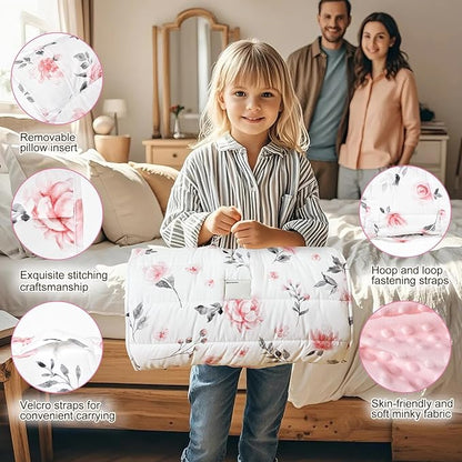 david's kids Toddler Nap Mat with Pillow and Minky Fleece Blanket, Ultra Soft Slumber Bags for Girls, Perfect for Preschool, Daycare, Kids Sleeping Bags with Rollup Design, 50"x20", Floral Flowers