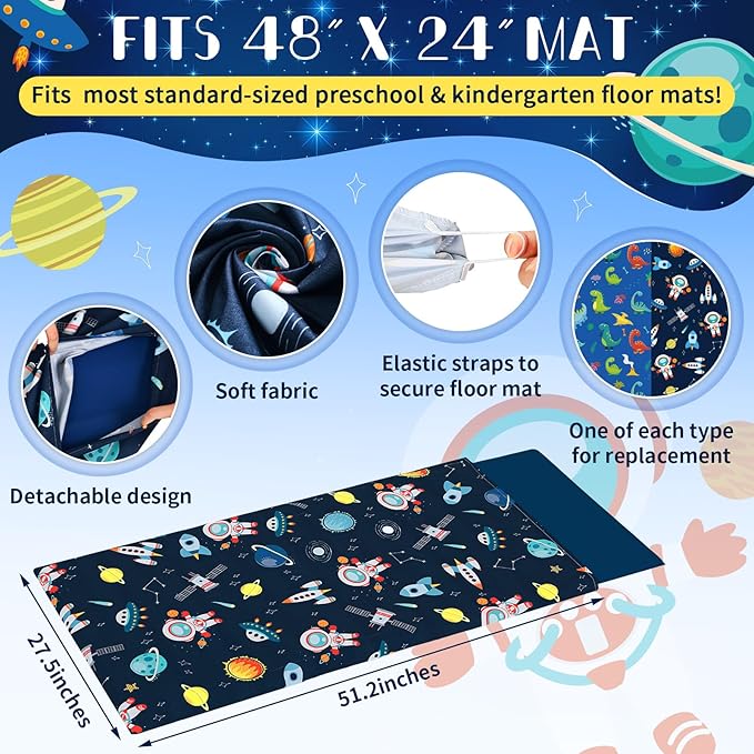 2 Pcs Dinosaurs Nap Mat Cover for Boys Girls Sewn in Flap Design Blue Sleeping Kids Astronauts Nap Mat Covers Soft Microfiber Cot Sheet for Preschool Kindergarten Toddler Daycare