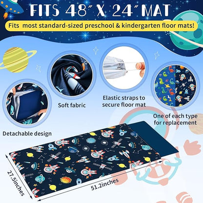 2 Pcs Dinosaurs Nap Mat Cover for Boys Girls Sewn in Flap Design Blue Sleeping Kids Astronauts Nap Mat Covers Soft Microfiber Cot Sheet for Preschool Kindergarten Toddler Daycare