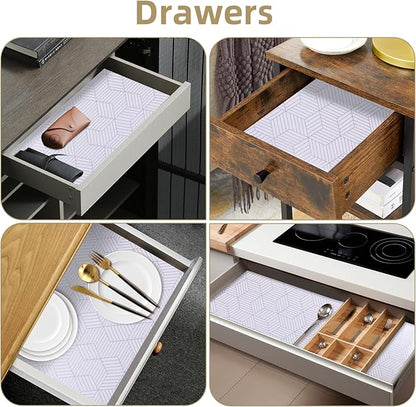 Shelf Liners for Kitchen Cabinets Non Adhesive Shelf Liner Paper Non-Slip Thickened Drawer Liner Easy to Clean for Tool Box Refrigerator with Knife and Tape Measure, Silver Geometric, 23.6 x 354.3 in