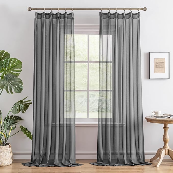MAIHER Grey Sheer Pleated Curtains 132 Inch Length for High Ceiling Living Room Extra Long 11ft Curtains Light Filtering Pinch Pleat Drapes with Adjustable Hooks, Grey, 42" W x 132" L, 2 Panels