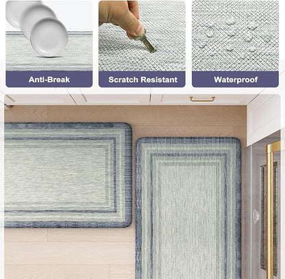 KIMODE Anti Fatigue Kitchen Mats 2PCS, Non-Slip Waterproof Kitchen Rugs, Cushioned Kitchen Mat for Floor, Comfort Standing Mat for Sink, Laundry, Office, Desk Blue and Grey 20"x47"+20"x32"