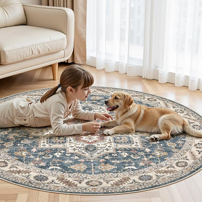 6ft Round Vintage Living Room Area Rug - 6x6 Large Soft Washable Oriental Traditional Distressed Farmhouse Rugs for Bedroom - Indoor Floor Accent Carpet for Home Office House Decor - Vintage Blue