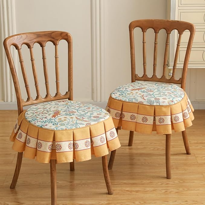 patdrea Pack of 2 Chair Cushions for Dining Chairs with Ruffled, Floral Birds Seat Cushion with Ties,Removable,Non Slip Chair Pads Decor for Bar Stool Cushions, Indoor Kitchen Chairs, 17.7"x17.7"