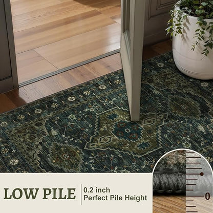 Tangsoo Oriental Small Washable Rugs for Entryway 2x3 Vintage Olive Green Rug Non Slip Small Area Rug, Front Door Boho Print Door Mat Indoor Entrance Soft Low Pile Throw Rug for Entry Kitchen Bedroom