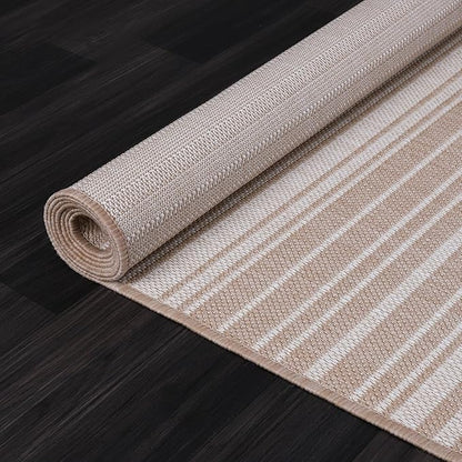 Stripe Outdoor Rug 10x14 Washable Outside Carpet for Indoor Patio Porch Waterproof Easy Cleaning Non Shedding Area Rugs Beige 10 x 14