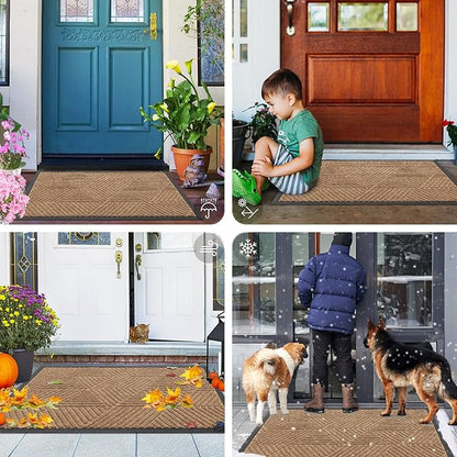 Smiry Front Door Mat Outside Entrance, Heavy Duty Sturdy Natural Rubber Doormat, Trap Dirt and Moisture, Easy Clean Low Profile Mats for Indoor Outdoor Entry, Irregular Triangle (71x24, Coffee)