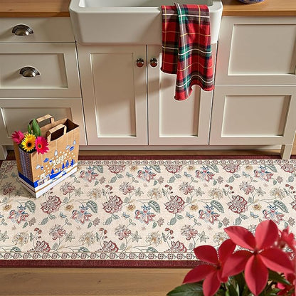 jinchan Elora 2x5 Floral Runner Rug for Hallway Washable Runner Vintage Romance Christmas Design Non Slip Thin Indoor Floor Cover Low-Profile Throw Carpet for Entryway Bathroom Bedroom, Red/Beige