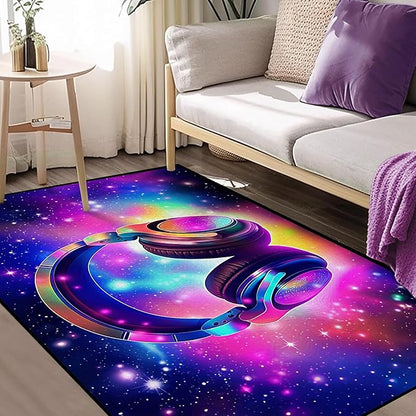 Galaxy Game Area Rug Music Headphone Rugs Colorful Throw Rug Non-Slip Carpet Doormats for Living Room Bedroom Apartment Dorm Floor Mat 47 in X 31 in
