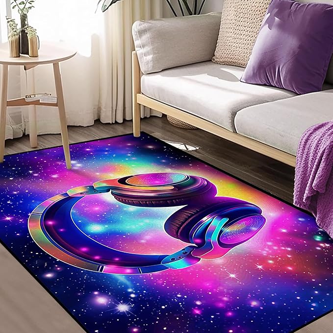 Galaxy Game Area Rug Music Headphone Rugs Colorful Throw Rug Non-Slip Carpet Doormats for Living Room Bedroom Apartment Dorm Floor Mat 59 in x 39 in