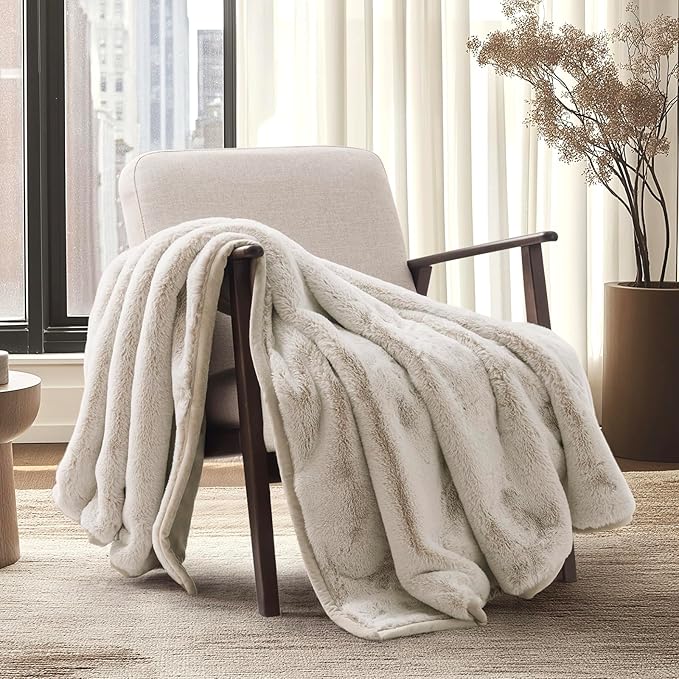 EVERGRACEHOME Ultra Soft Luxury Fluffy Mink Faux Fur Throw Blanket, Thick Warm Fall Winter Blankets for Bed, Couch, Cozy Plush Reversible Blanket for Chair, Sofa (Tipped Champagne Ivory, 60"x80")