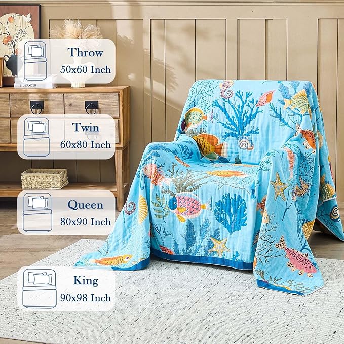 Blue Boho Blanket, 50"x60" Soft Farmhouse Decorative Throw Blanket, 100% Cotton Reversible Vintage Muslin Quilt Bohemian Decor Woven Blanket All Season Blankets for Sofa Couch Chair