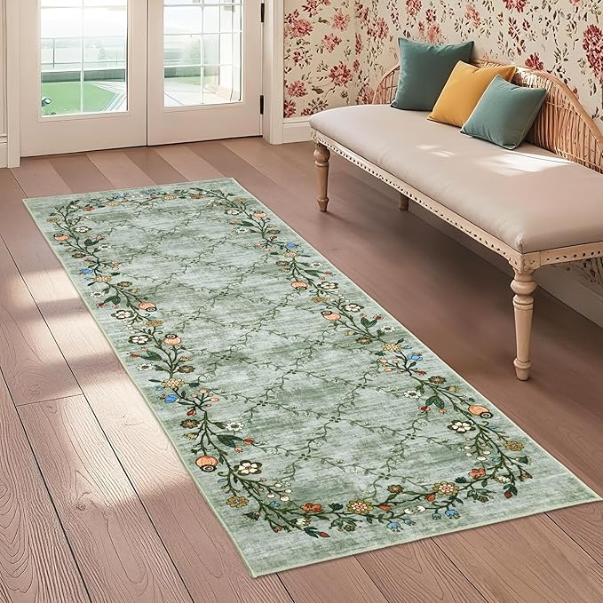 GarveeHome 2x6 Washable Floral Runner Rugs for Hallway: Modern Floral Non Slip Large Runner Rugs for Kitchen, Large Machine Washable Hallways Low Pile Carpet with Non-Slip Backing Green 2 ft x6 ft.
