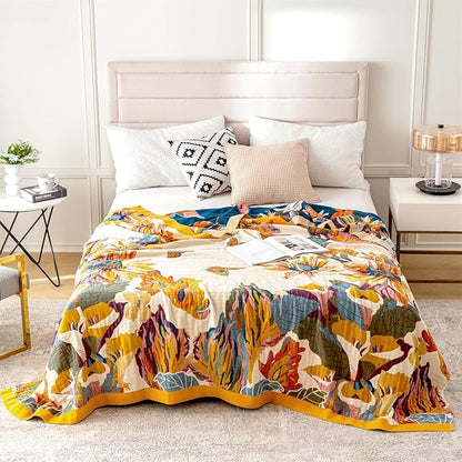 MSGKV Boho Throw Blanket for Couch 100% Cotton Throw Floral Bed Blanket 80''x90'',Cotton Quilts Travel Knitted Muslin Blanket Home Decor Cozy Blankets for Women