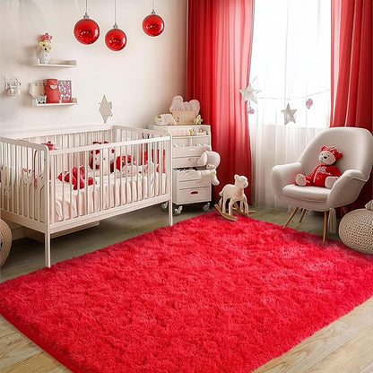 Red Fluffy Rug Plush Carpet for Bedroom Dorm, Non-Slip High Pile Rug, Shag Rug for Playroom Nursery Home Office Decor 6X9 Ft