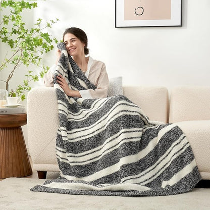Snuggle Sac Black White Stripe Twin Size Reversible Super Soft Bedding Blanket, 60x80 inches