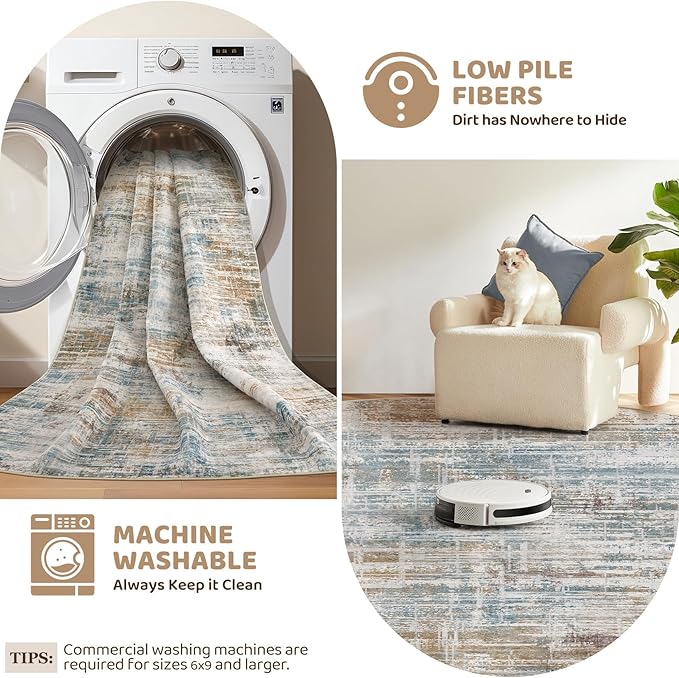 8ft Round Area Rug for Living Room: 8x8 Washable Neutral Abstract Modern Soft Rugs Non Slip Indoor Floor Stain Resistant Carpet for Bedroom Dining Room Office Nursery - Blue Brown