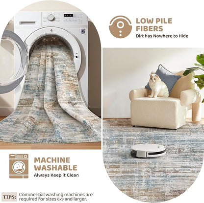 8ft Round Area Rug for Living Room: 8x8 Washable Neutral Abstract Modern Soft Rugs Non Slip Indoor Floor Stain Resistant Carpet for Bedroom Dining Room Office Nursery - Blue Brown
