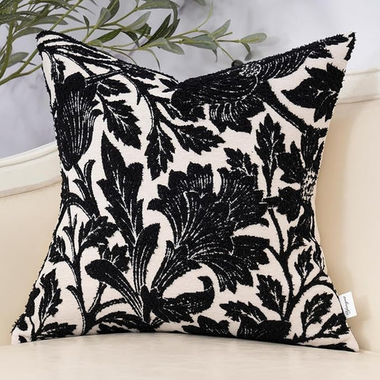 Yangest Chenille Floral Pillow Cover 20 x 20 Inches, Neutral Jacquard Square Throw Pillow Cover Soft Decorative Nature Accent Couch Pillow Cover for Living Room Bedroom, Black