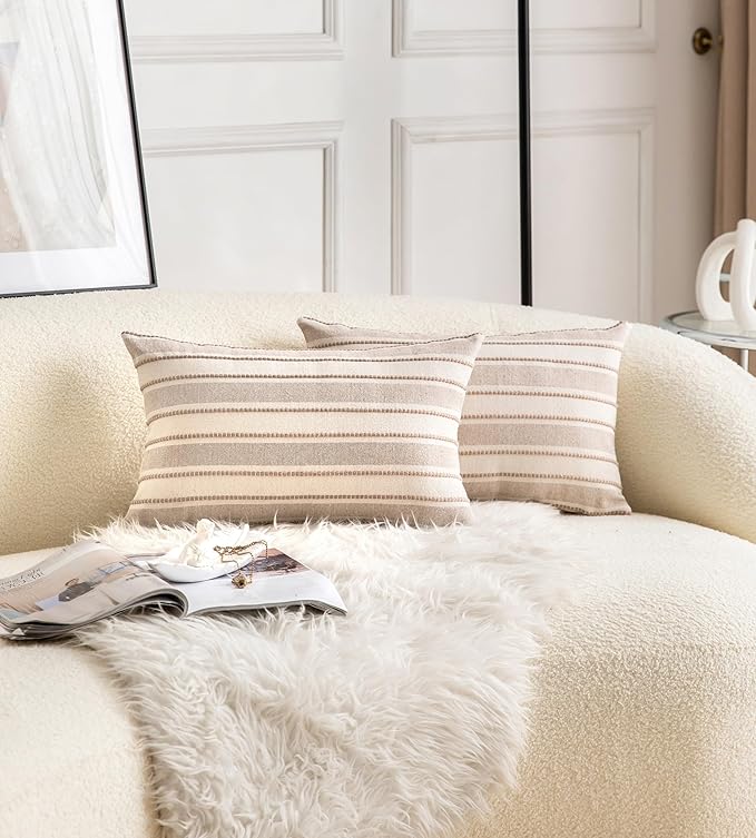 Decorative Boho Lumbar Throw Pillow Covers, Farmhouse Textured Pillow Case, 12 x 20 Inch Set of 2, Chair Sofa Bedroom Living Room Home Decor Couch Cushion Case, Tapue and Beige