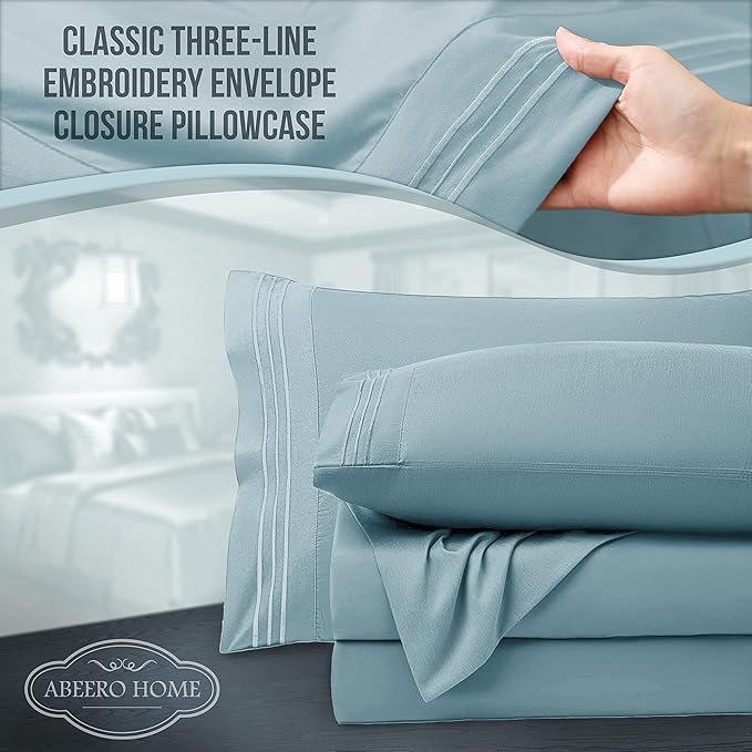 Queen Sheet Set - Luxury Hotel Bed Sheets - Soft Cooling Sheets with Elastic Corner Straps - Deep Pocket Microfiber Bedsheet - Bedding Sheet & Pillowcases - 4 PC (Queen Size, Light Blue)