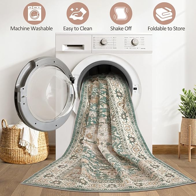Runner Rug Kitchen Washable Rugs: 3x8 Non-Slip Abstract Soft Modern Stain Resistant Indoor Floor Neutral Accent Throw Carpet for Hallway Bathroom Laundry Room Entryway Bedroom- Green