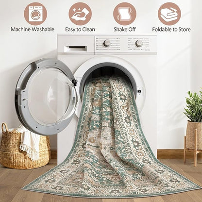 7x9 Area Rug Living Room: Machine Washable Boho Large Vintage Soft Rugs Stain Resistant Farmhouse Oriental Non Slip Indoor Floor Carpet for Bedroom Nursery Kids Playroom Office Dining Room- Green