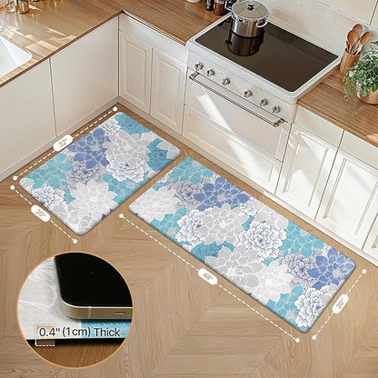GENIMO Kitchen Mats for Floor, Kitchen Rugs Non Slip Washable Sets of 2, Waterproof Cushioned Anti Fatigue Mat, Floral Runner Rug for Laundry, Sink, Office, Home, 20"x32"+20"x48", Sky Blue