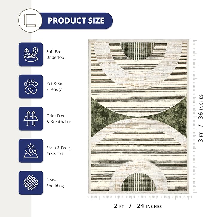 Abani Mid-Century Green Arch Washable Area Rug – 2' x 3' – Modern Geometric Design – Ivy Collection – Non-Shedding, Easy to Clean – Durable for High Traffic Areas – Living Room, Bedroom & Office