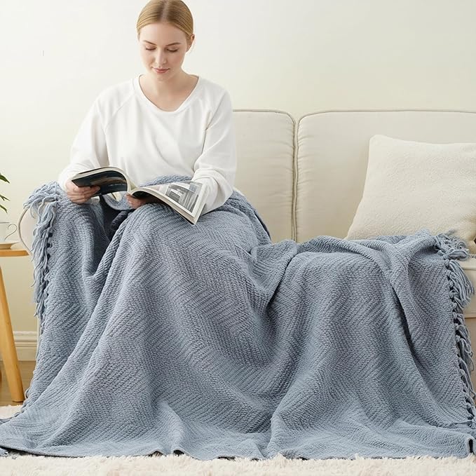 BATTILO HOME Bluish Grey Chenille Throw Blanket for Couch, Knit Throw Blanket,Super Soft Warm Home Decor Throw Blanket with Tassels for Bed,Sofa and Living Room,50" x 60"