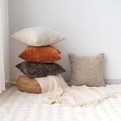 Decorative Throw Pillow Covers 18x18 Inch Set of 4, Soft Solid Farmhouse Chenille Couch Pillows, Spring Pillow Covers for Couch Sofa Bed Living Room Home Decor Pillowcase, Warm Colors