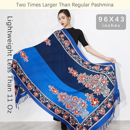DANA XU 100% Merino Wool Pashmina Shawl for Women 96"x43", Oversized Cashmere Wrap with Tassels, Floral Travel Blanket Cape