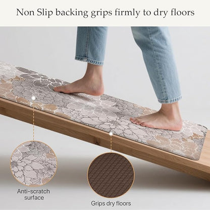 GENIMO Kitchen Mats for Floor, Kitchen Rugs Non Slip Washable Sets of 2, Waterproof Cushioned Anti Fatigue Mat, Floral Runner Rug for Laundry, Sink, Office, Home, 17.3"x59"+17.3"x30", Taupe Grey
