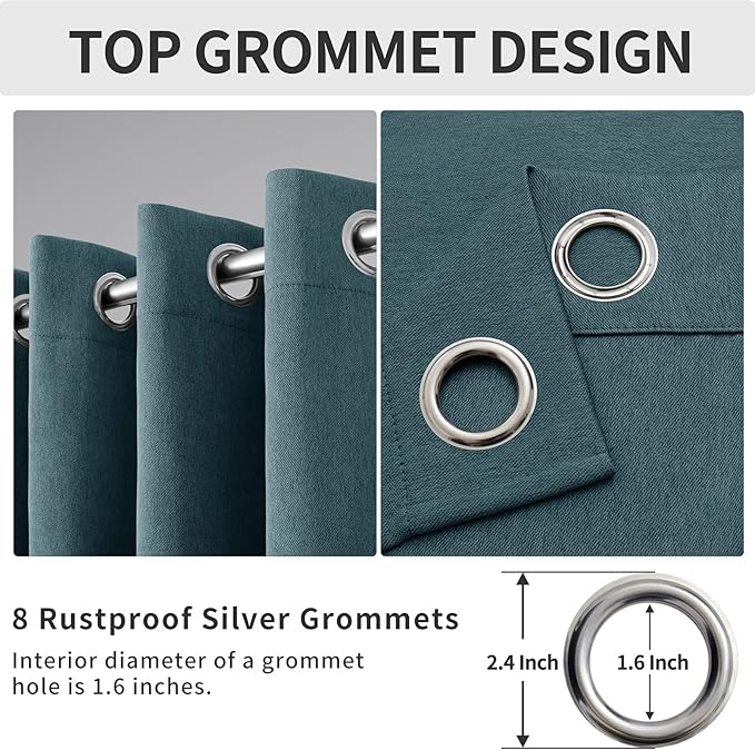 Easy-Going Linen Look Blackout Curtain 63 Inch Length Grommet Window Curtain for Bedroom, Living Room Thermal Insulated Room Darkening (Set of 2 Panels, Bluestone)