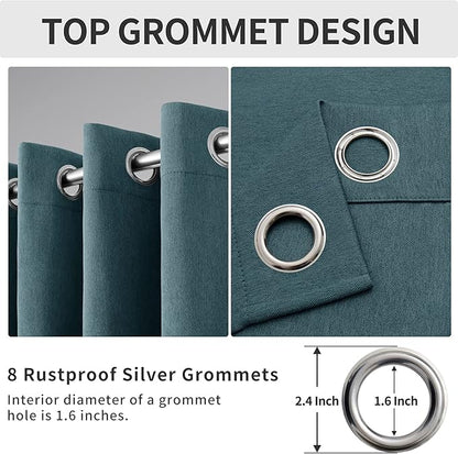 Easy-Going Linen Look Blackout Curtain 108 Inch Length Grommet Window Curtain for Bedroom, Living Room Thermal Insulated Room Darkening (Set of 2 Panels, Bluestone)